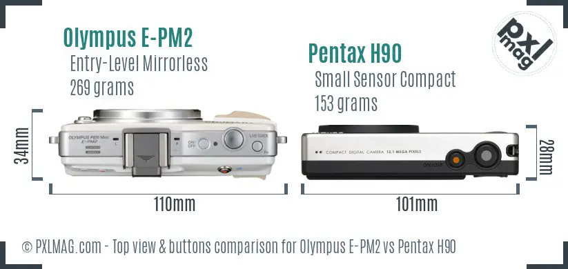 Olympus E-PM2 vs Pentax H90 top view buttons comparison
