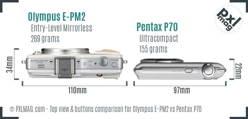 Olympus E-PM2 vs Pentax P70 top view buttons comparison