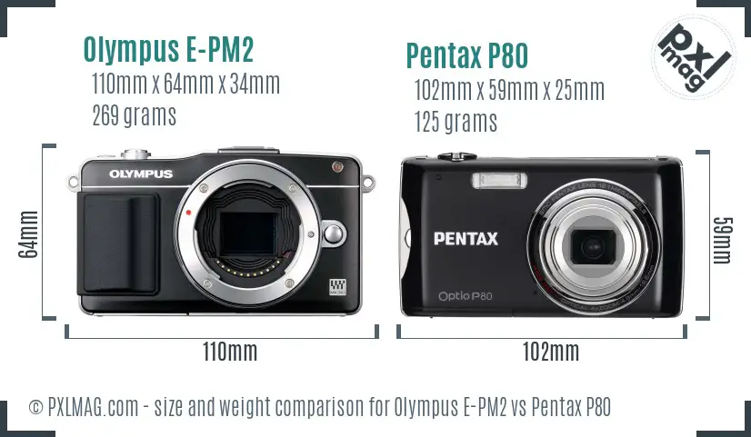 Olympus E-PM2 vs Pentax P80 size comparison