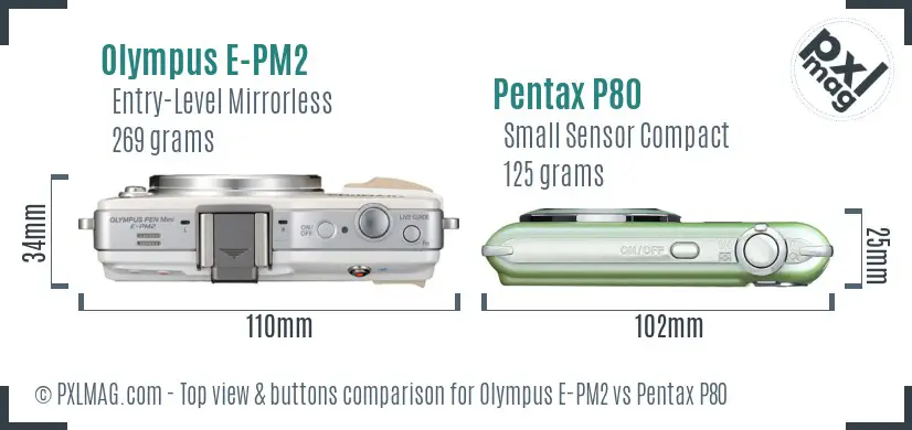 Olympus E-PM2 vs Pentax P80 top view buttons comparison