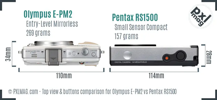 Olympus E-PM2 vs Pentax RS1500 top view buttons comparison
