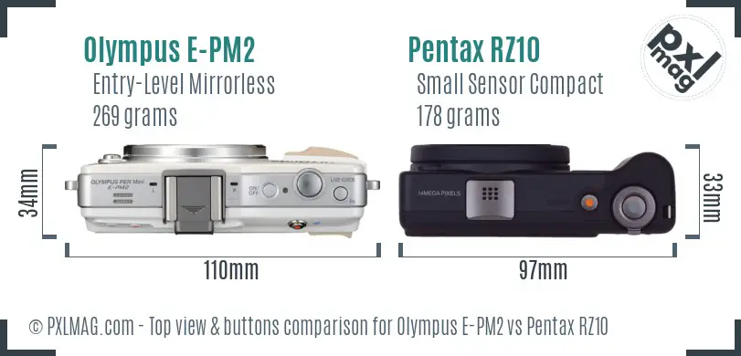 Olympus E-PM2 vs Pentax RZ10 top view buttons comparison