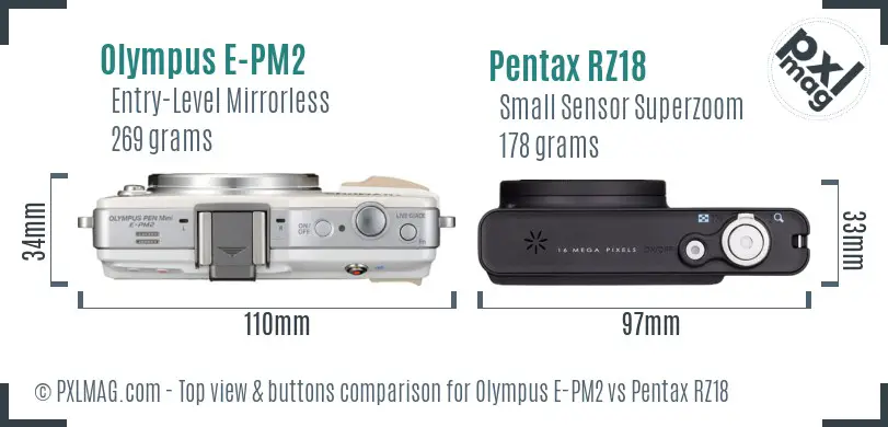 Olympus E-PM2 vs Pentax RZ18 top view buttons comparison