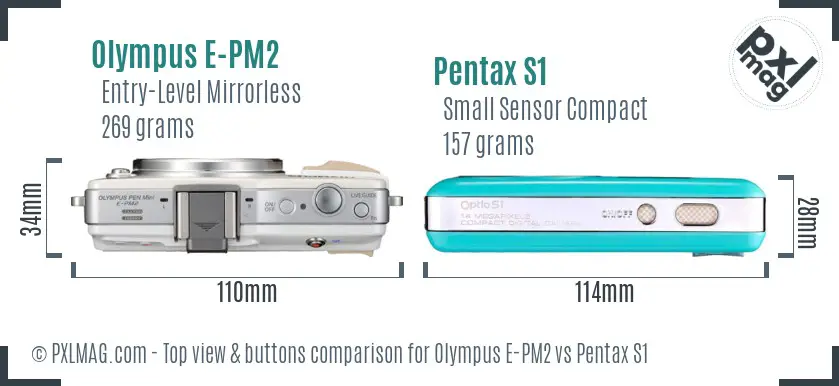 Olympus E-PM2 vs Pentax S1 top view buttons comparison
