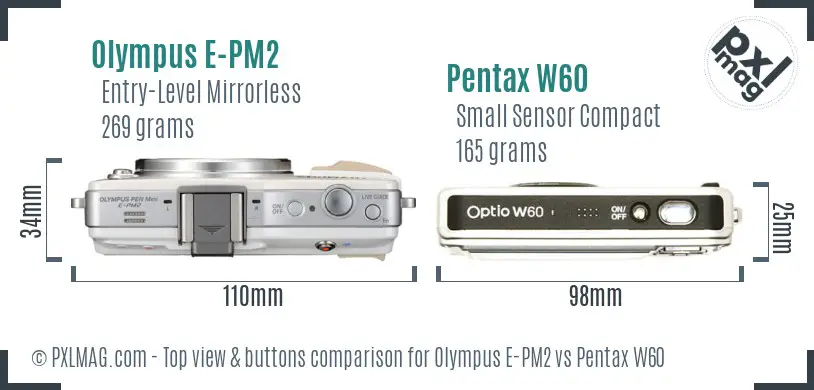 Olympus E-PM2 vs Pentax W60 top view buttons comparison