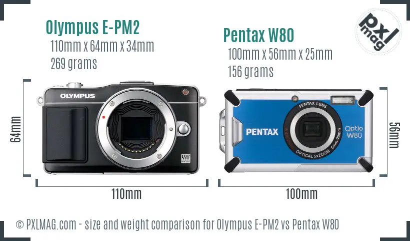 Olympus E-PM2 vs Pentax W80 size comparison
