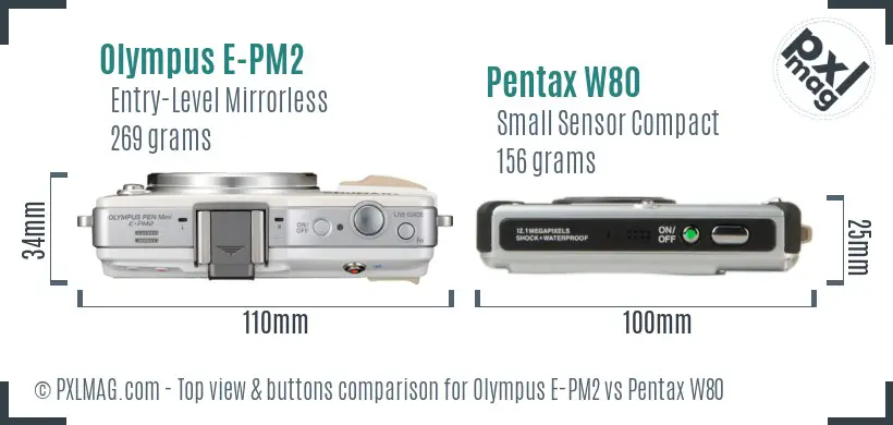 Olympus E-PM2 vs Pentax W80 top view buttons comparison