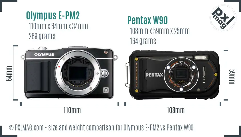Olympus E-PM2 vs Pentax W90 size comparison