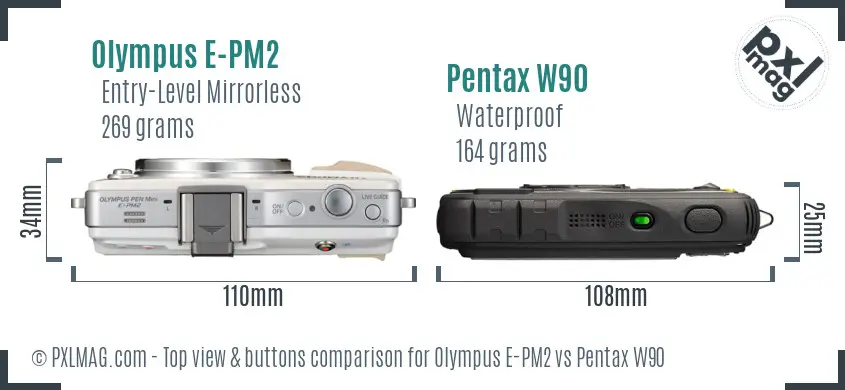 Olympus E-PM2 vs Pentax W90 top view buttons comparison