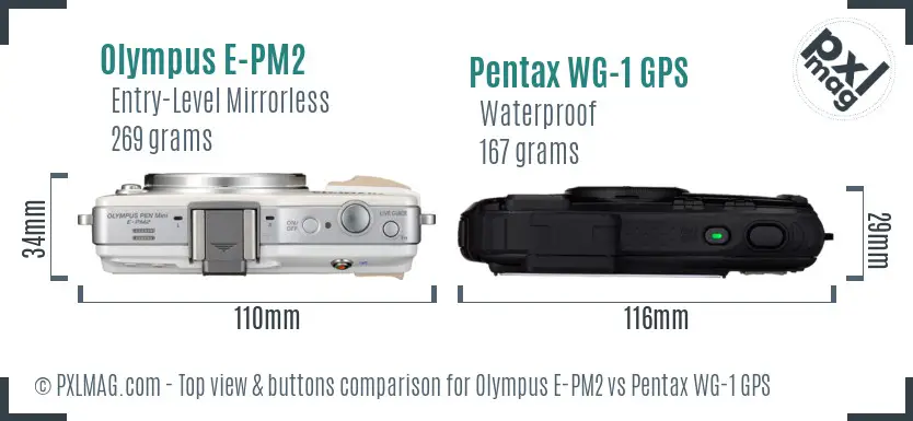 Olympus E-PM2 vs Pentax WG-1 GPS top view buttons comparison