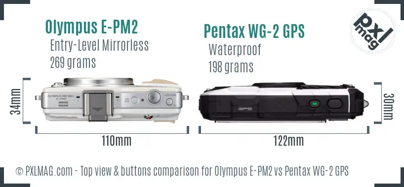 Olympus E-PM2 vs Pentax WG-2 GPS top view buttons comparison