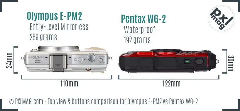 Olympus E-PM2 vs Pentax WG-2 top view buttons comparison