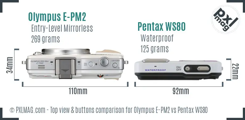 Olympus E-PM2 vs Pentax WS80 top view buttons comparison