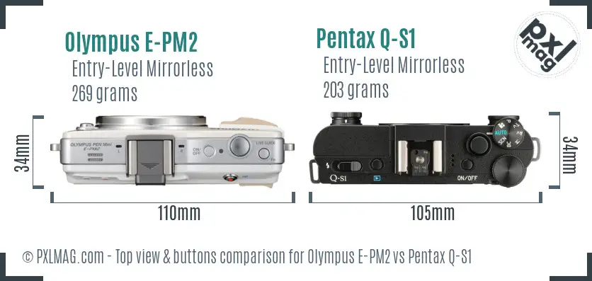 Olympus E-PM2 vs Pentax Q-S1 top view buttons comparison