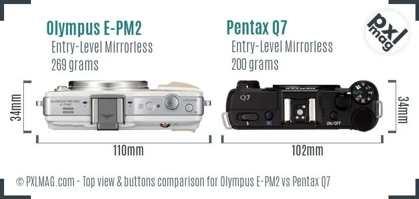 Olympus E-PM2 vs Pentax Q7 top view buttons comparison