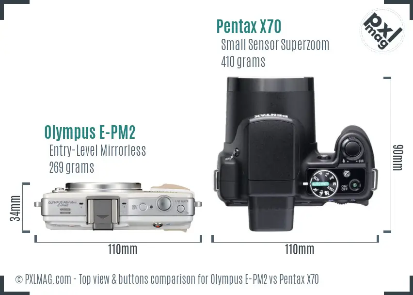 Olympus E-PM2 vs Pentax X70 top view buttons comparison