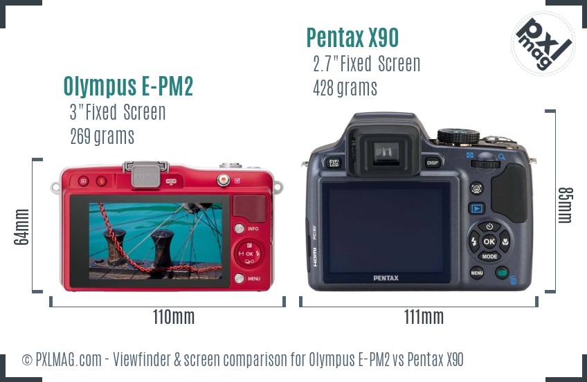 Olympus E-PM2 vs Pentax X90 Screen and Viewfinder comparison