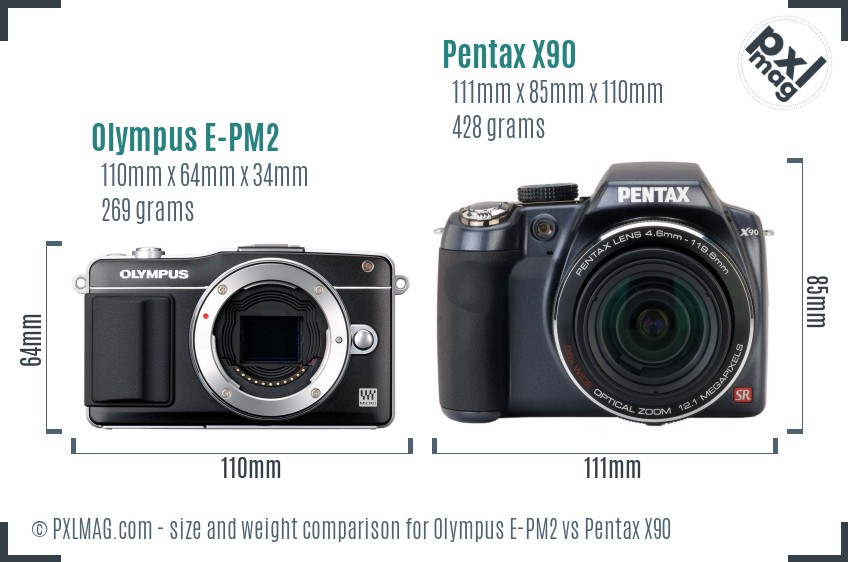 Olympus E-PM2 vs Pentax X90 size comparison Olympus E-PM2 vs Pentax X90 size comparison