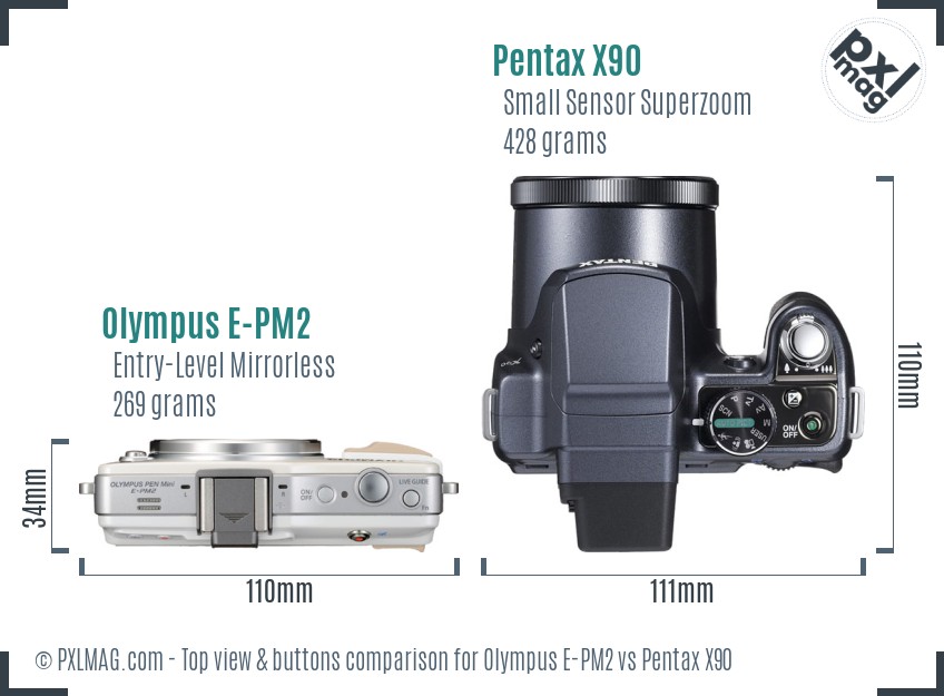 Olympus E-PM2 vs Pentax X90 top view buttons comparison