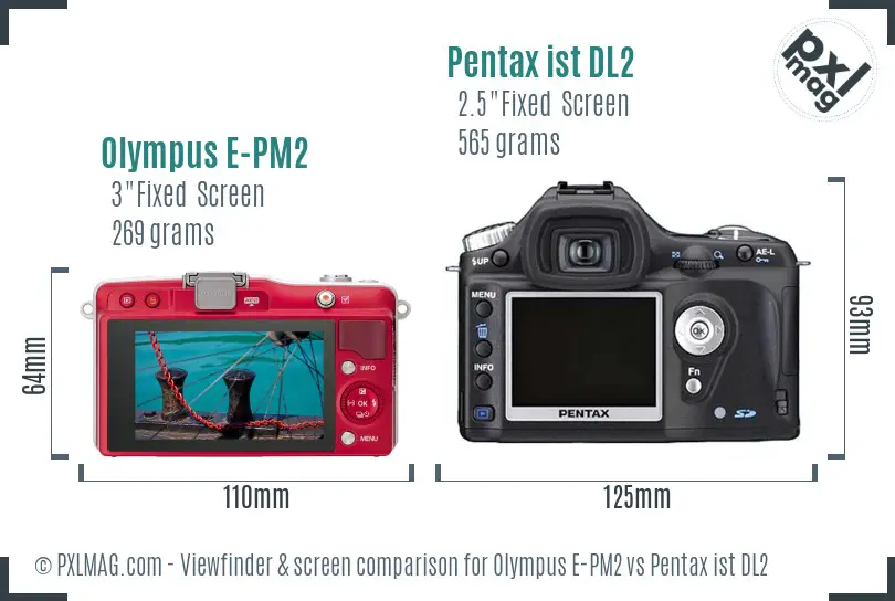 Olympus E-PM2 vs Pentax ist DL2 Screen and Viewfinder comparison