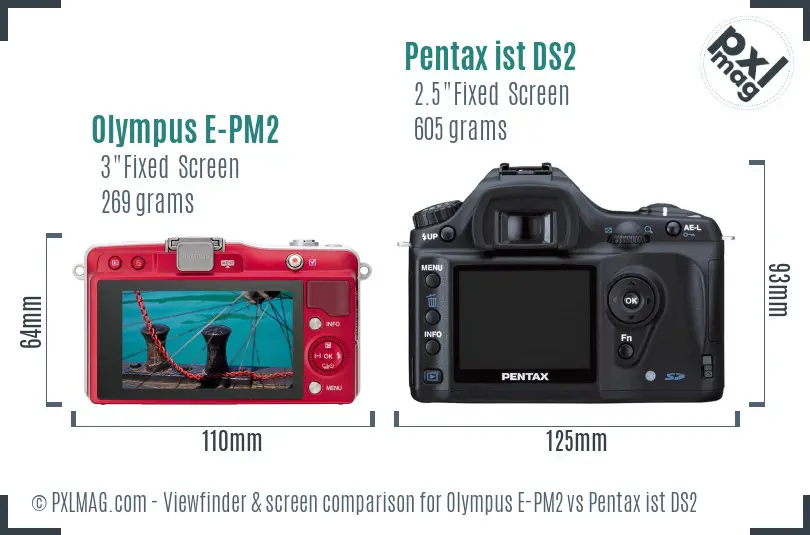 Olympus E-PM2 vs Pentax ist DS2 Screen and Viewfinder comparison