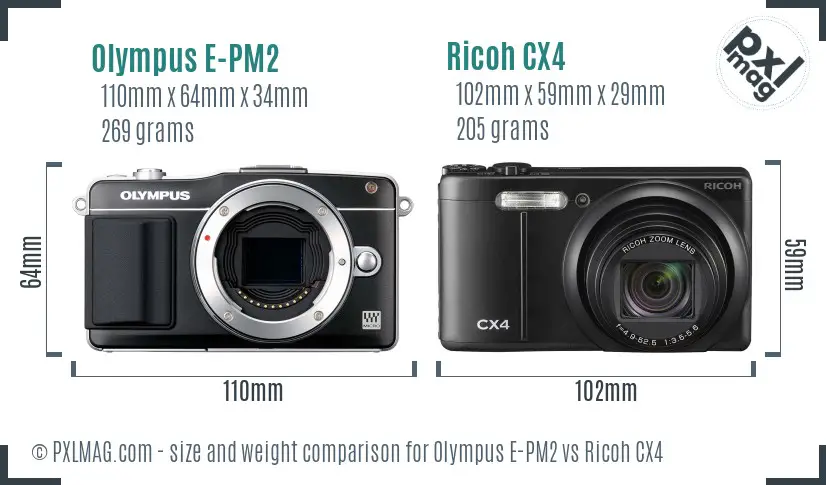 Olympus E-PM2 vs Ricoh CX4 size comparison