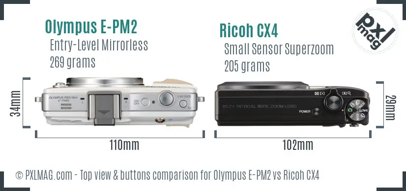 Olympus E-PM2 vs Ricoh CX4 top view buttons comparison