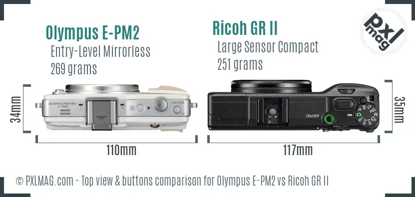Olympus E-PM2 vs Ricoh GR II top view buttons comparison