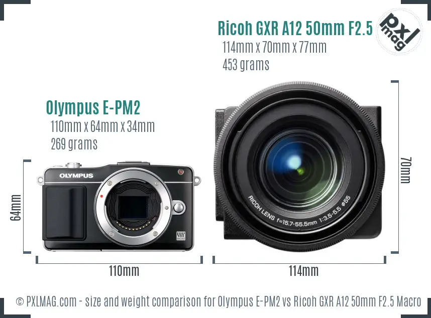Olympus E-PM2 vs Ricoh GXR A12 50mm F2.5 Macro size comparison