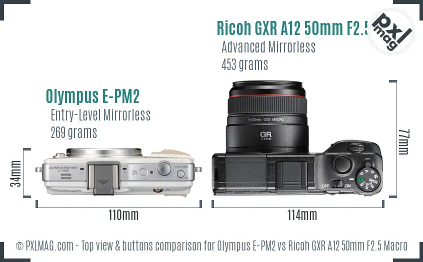 Olympus E-PM2 vs Ricoh GXR A12 50mm F2.5 Macro top view buttons comparison