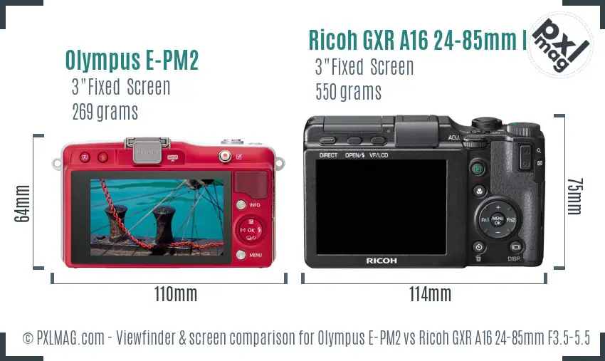 Olympus E-PM2 vs Ricoh GXR A16 24-85mm F3.5-5.5 Screen and Viewfinder comparison