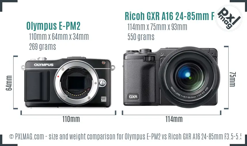 Olympus E-PM2 vs Ricoh GXR A16 24-85mm F3.5-5.5 size comparison