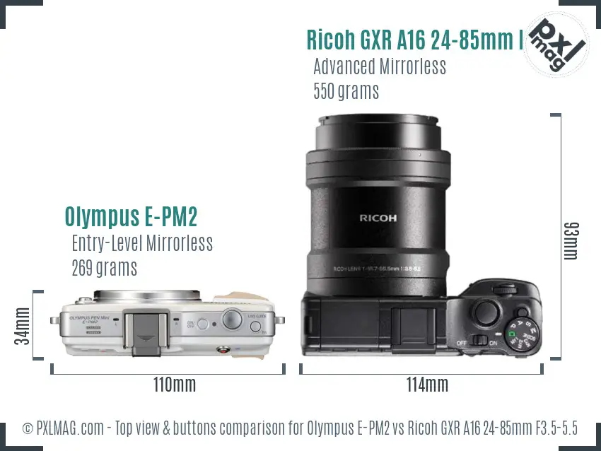 Olympus E-PM2 vs Ricoh GXR A16 24-85mm F3.5-5.5 top view buttons comparison