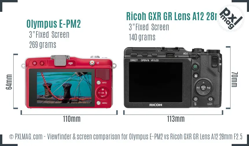Olympus E-PM2 vs Ricoh GXR GR Lens A12 28mm F2.5 Screen and Viewfinder comparison