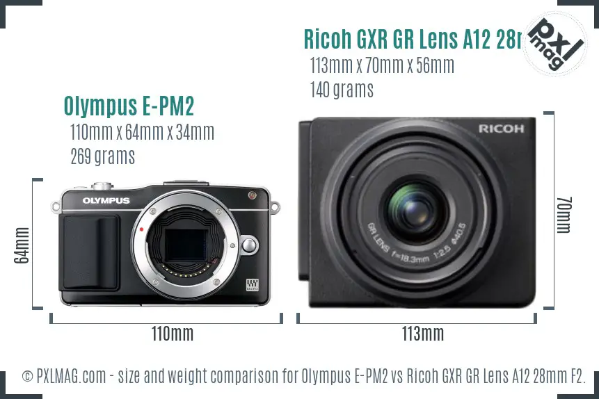 Olympus E-PM2 vs Ricoh GXR GR Lens A12 28mm F2.5 size comparison
