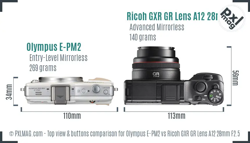 Olympus E-PM2 vs Ricoh GXR GR Lens A12 28mm F2.5 top view buttons comparison