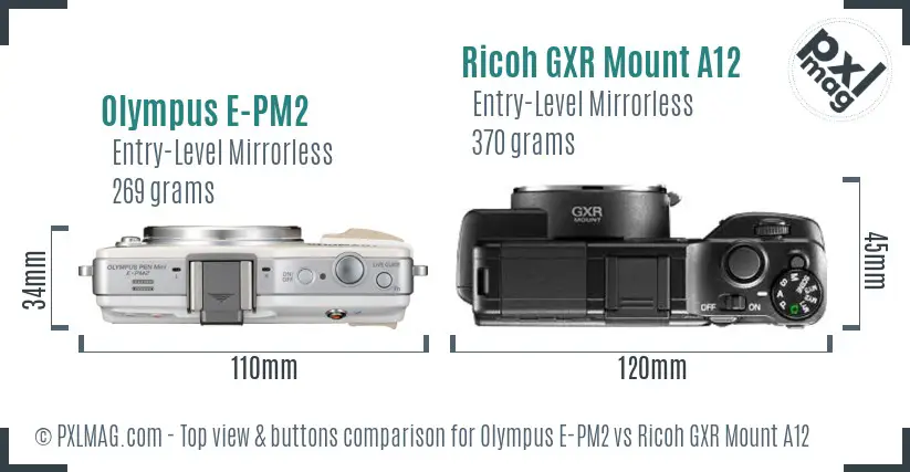 Olympus E-PM2 vs Ricoh GXR Mount A12 top view buttons comparison