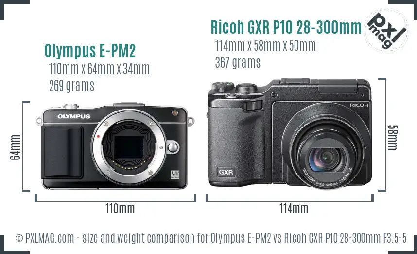 Olympus E-PM2 vs Ricoh GXR P10 28-300mm F3.5-5.6 VC size comparison