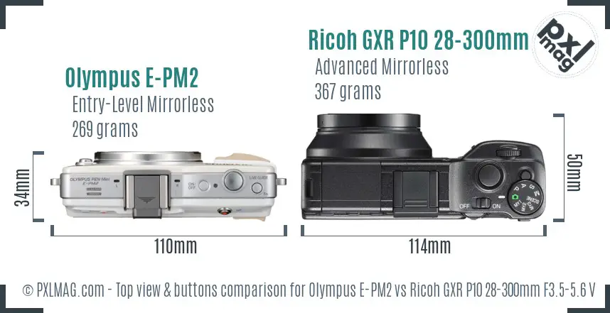 Olympus E-PM2 vs Ricoh GXR P10 28-300mm F3.5-5.6 VC top view buttons comparison
