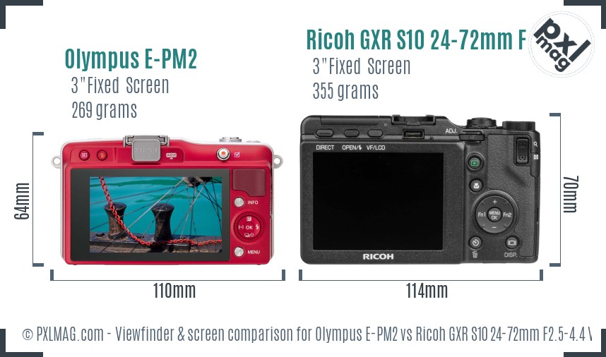 Olympus E-PM2 vs Ricoh GXR S10 24-72mm F2.5-4.4 VC Screen and Viewfinder comparison