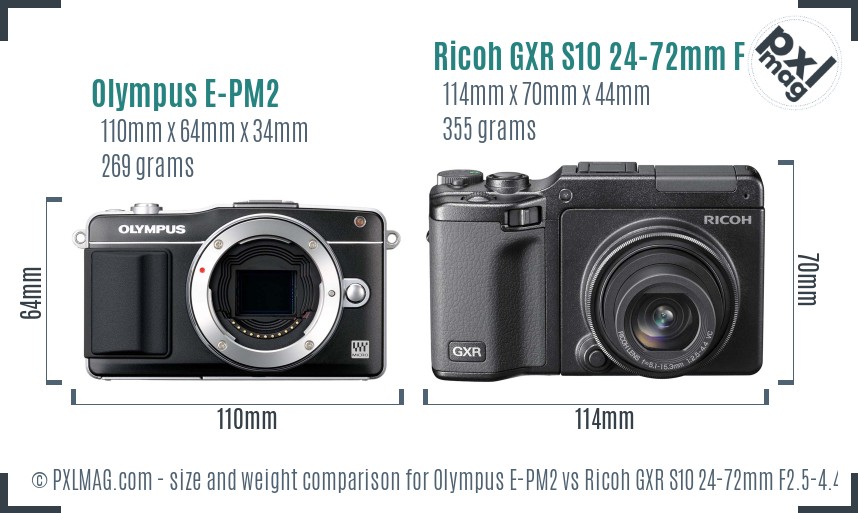 Olympus E-PM2 vs Ricoh GXR S10 24-72mm F2.5-4.4 VC size comparison