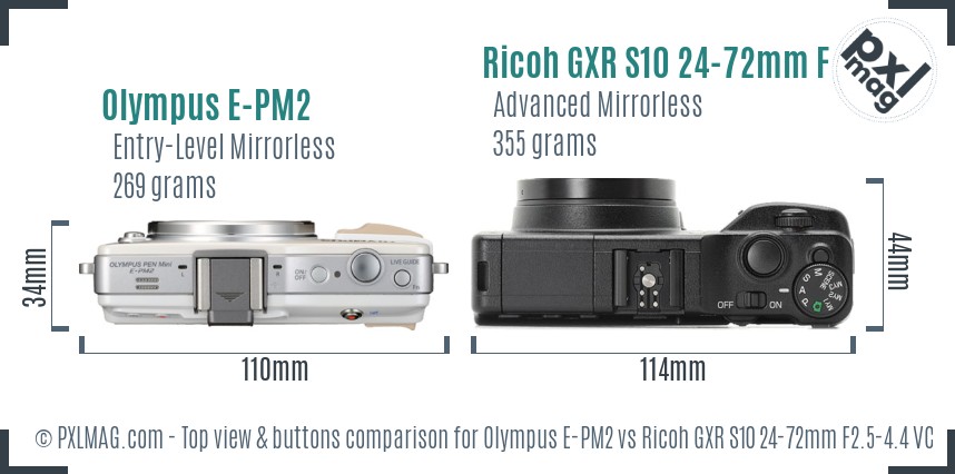 Olympus E-PM2 vs Ricoh GXR S10 24-72mm F2.5-4.4 VC top view buttons comparison