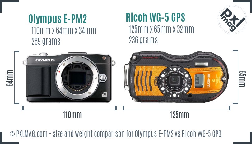 Olympus E-PM2 vs Ricoh WG-5 GPS size comparison