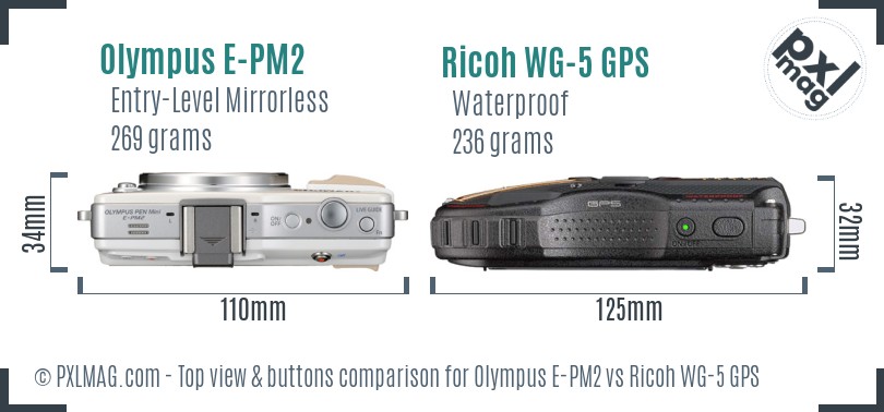 Olympus E-PM2 vs Ricoh WG-5 GPS top view buttons comparison
