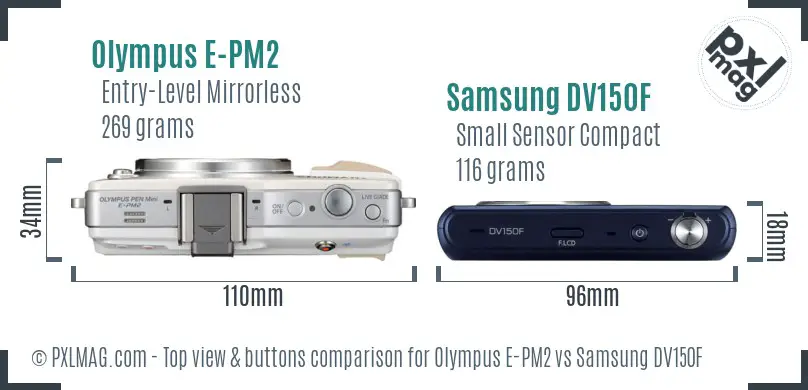 Olympus E-PM2 vs Samsung DV150F top view buttons comparison Olympus E-PM2 vs Samsung DV150F top view buttons comparison