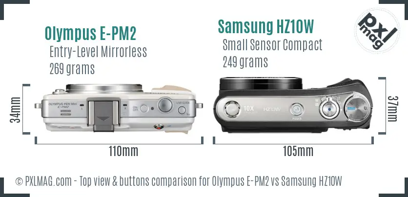 Olympus E-PM2 vs Samsung HZ10W top view buttons comparison