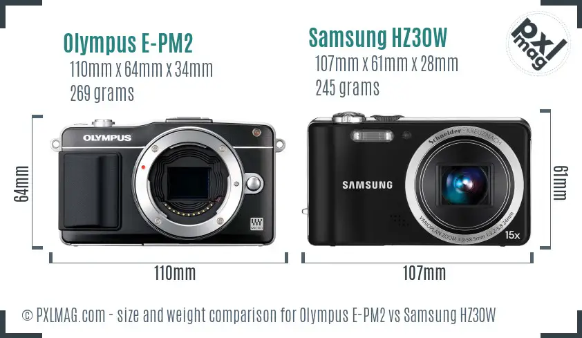 Olympus E-PM2 vs Samsung HZ30W size comparison