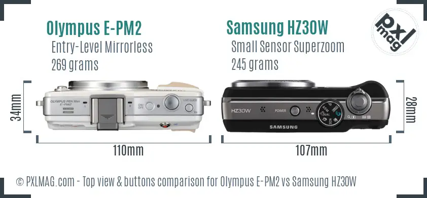 Olympus E-PM2 vs Samsung HZ30W top view buttons comparison