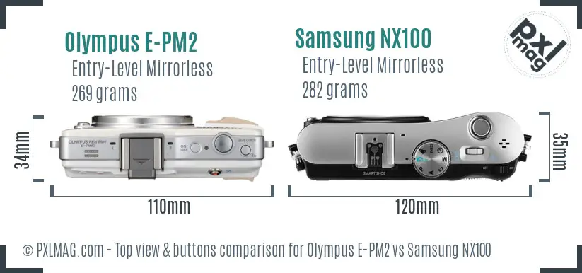 Olympus E-PM2 vs Samsung NX100 top view buttons comparison