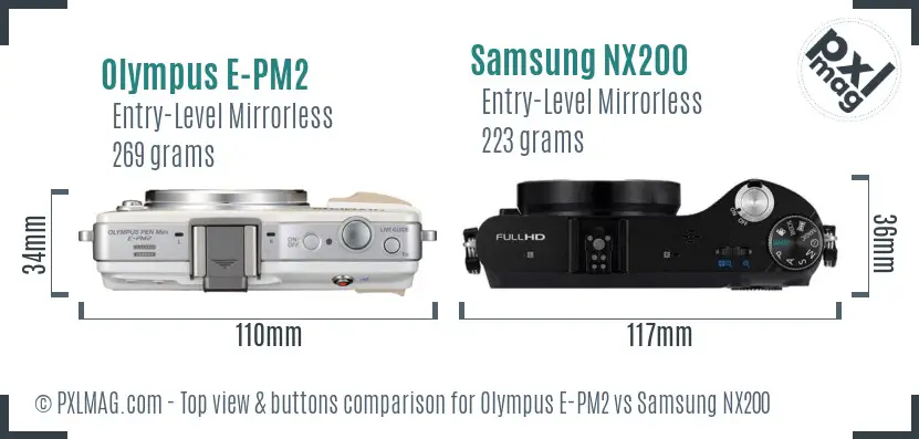 Olympus E-PM2 vs Samsung NX200 top view buttons comparison